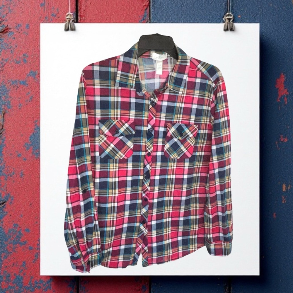 Just Be Multicolor Flannel Button Adjustable Sleeves Shirt Women 1X